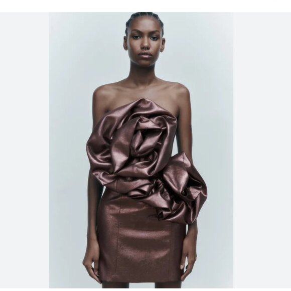 NWT ZARA Voluminous Flower Strapless Mini Metallic Dress Crossover Strap - Picture 7 of 13
